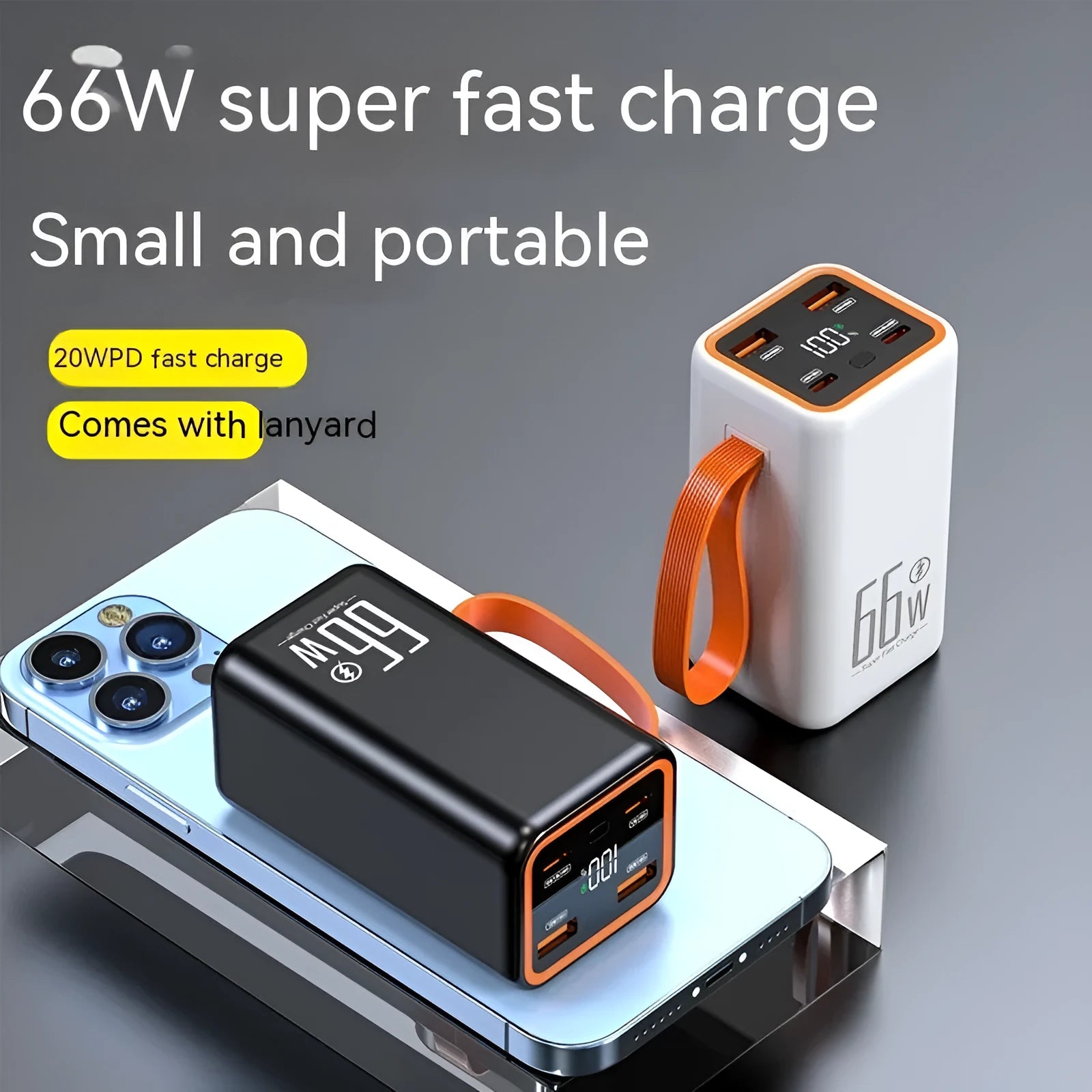 PD66W fast charge 20000 MA power bank in black or white with creative design and plastic shell