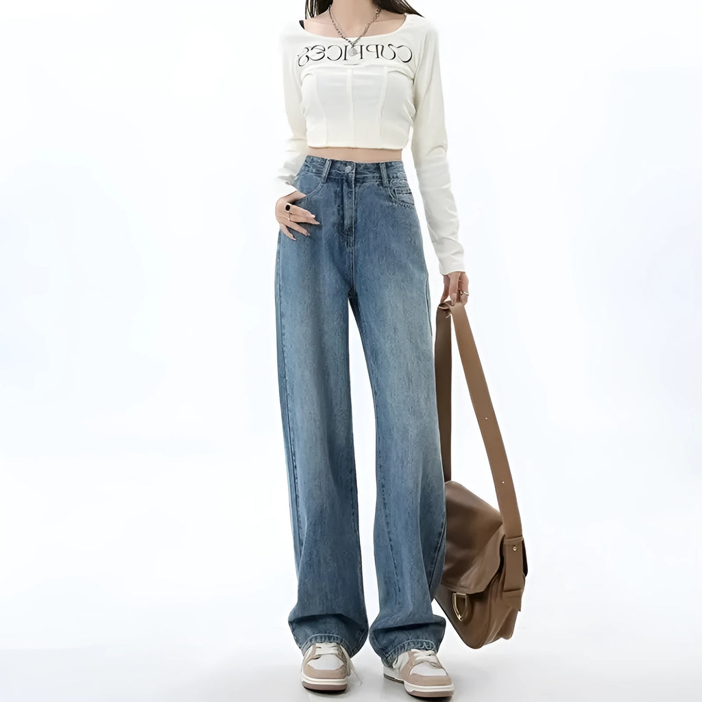 Women's retro blue high waist wide leg jeans with straight cut and spandex denim fabric