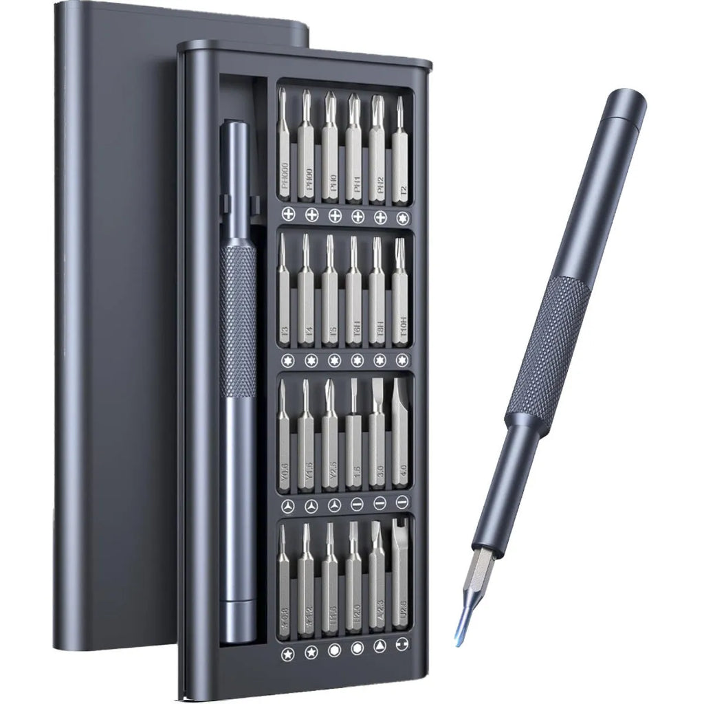 25-in-one screwdriver set with magnetic tip, chrome vanadium steel bits, and two ABS handle options on a white background