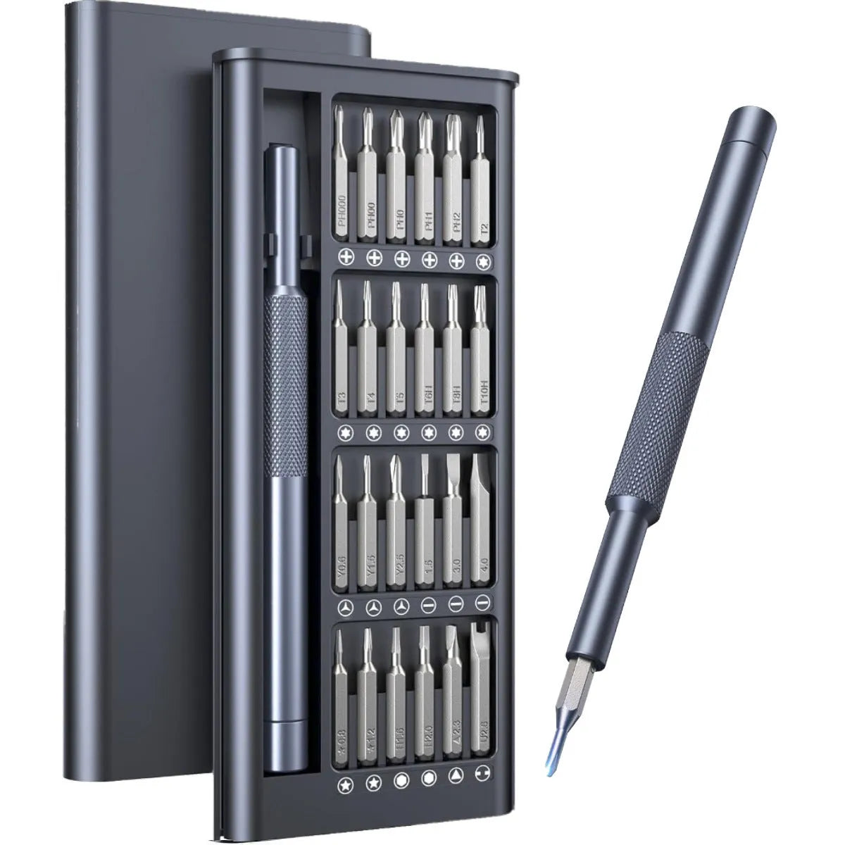 25-in-one screwdriver set with magnetic tip, chrome vanadium steel bits, and two ABS handle options on a white background