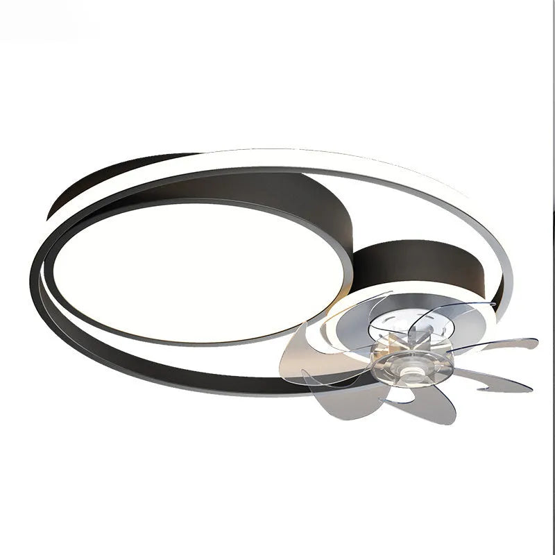 Nordic-style ceiling fan lamp with light, showing metal blades and acrylic shade in black finish.