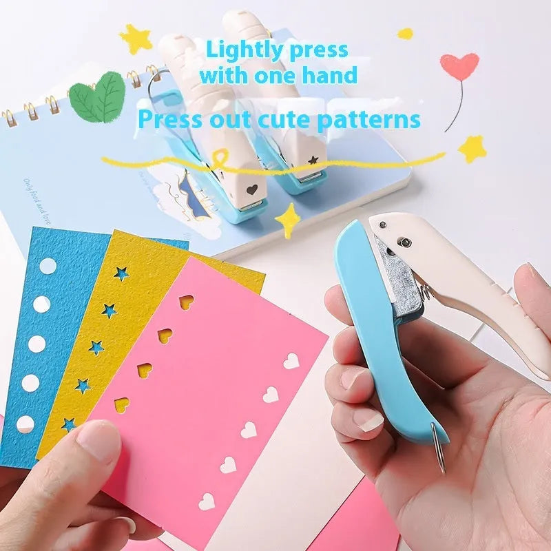 Manual kindergarten pattern punching machine showing love heart, star, and round embossing designs