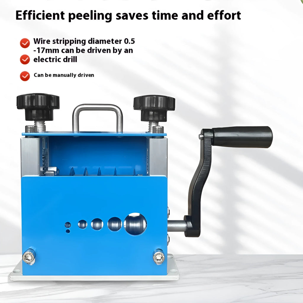 SD-017 manual wire stripping machine for 0.5-17mm diameter wires on a workbench.