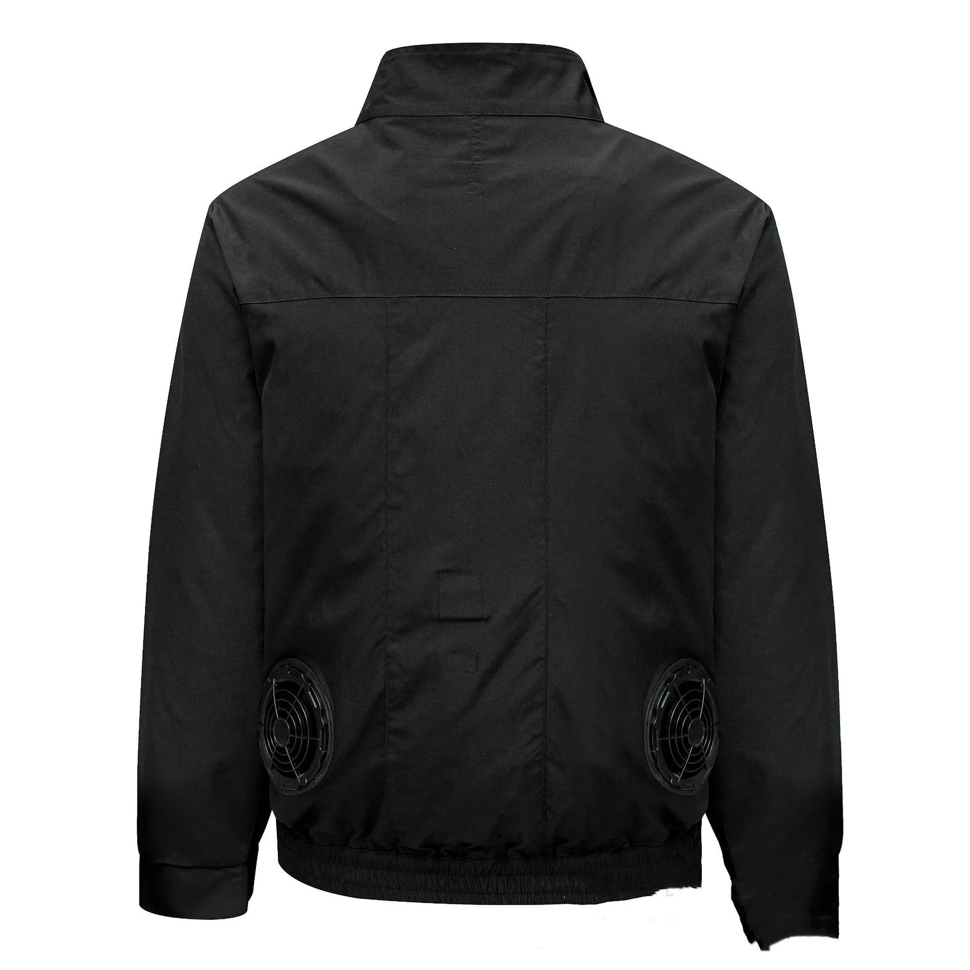 Man's black cooling work jacket with chest ventilation holes for a fan on a mannequin.