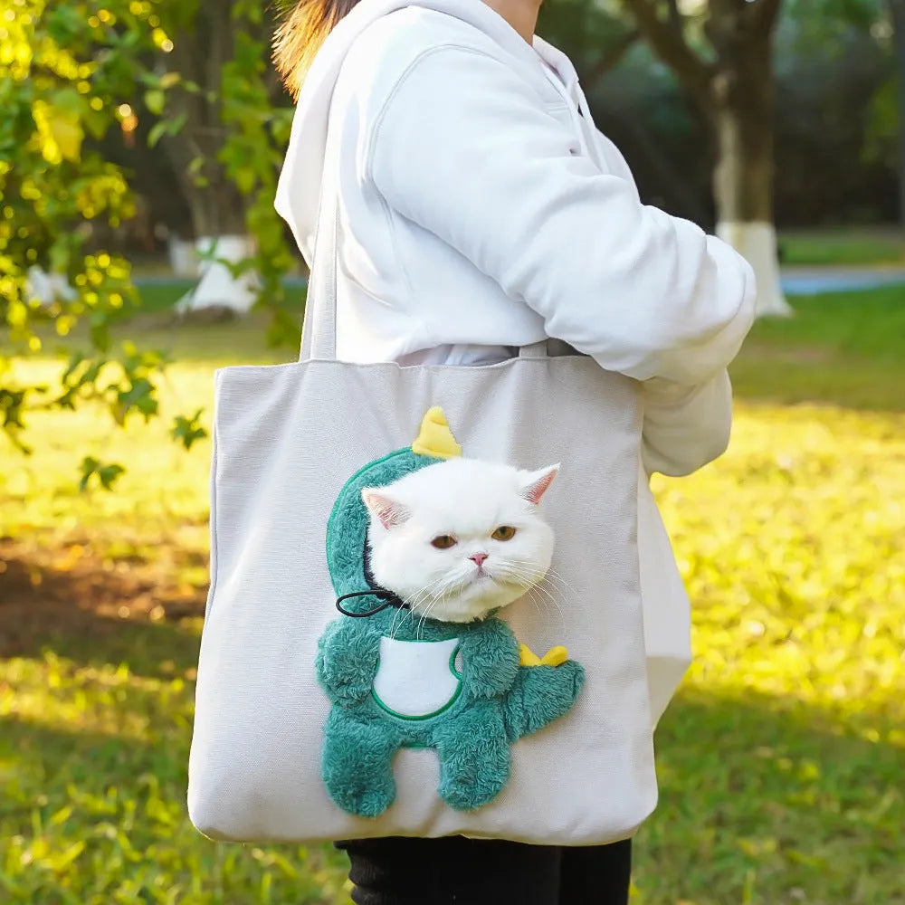 Soft canvas pet shoulder carrier bag with cartoon print for small dog or cat