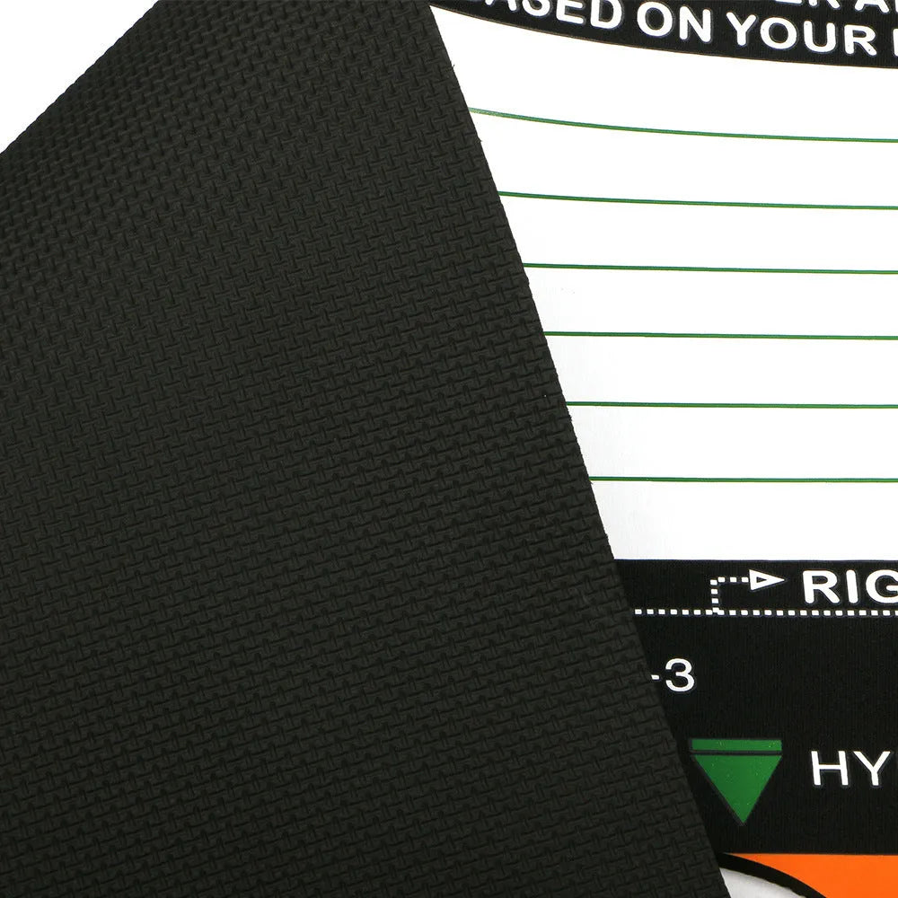 Black neoprene golf swing stance auxiliary training pad for posture correction.