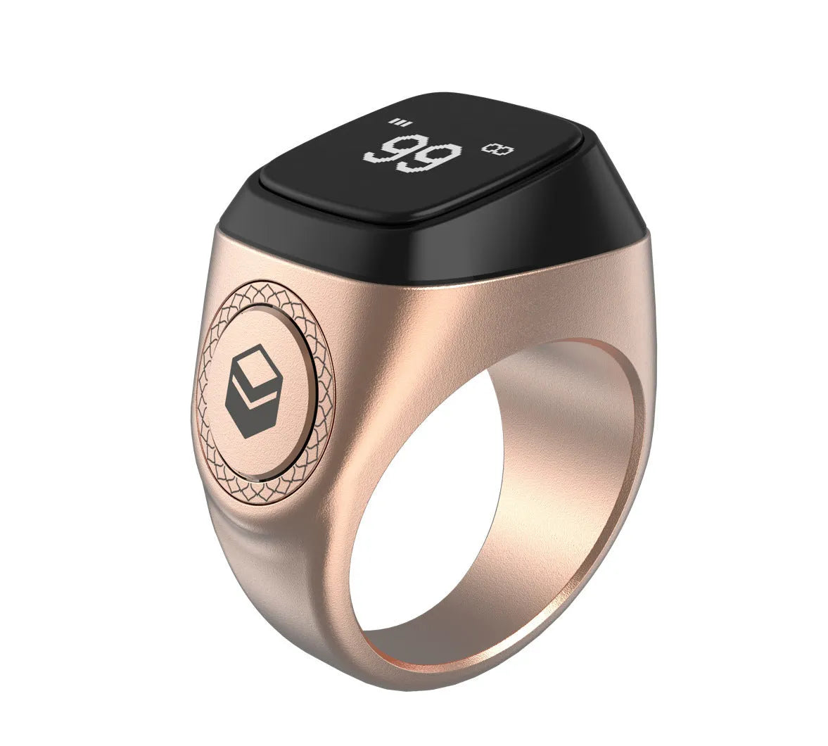 Zikr1 smart ring with OLED display showing prayer times, available in black, green, rose gold, and silver colours