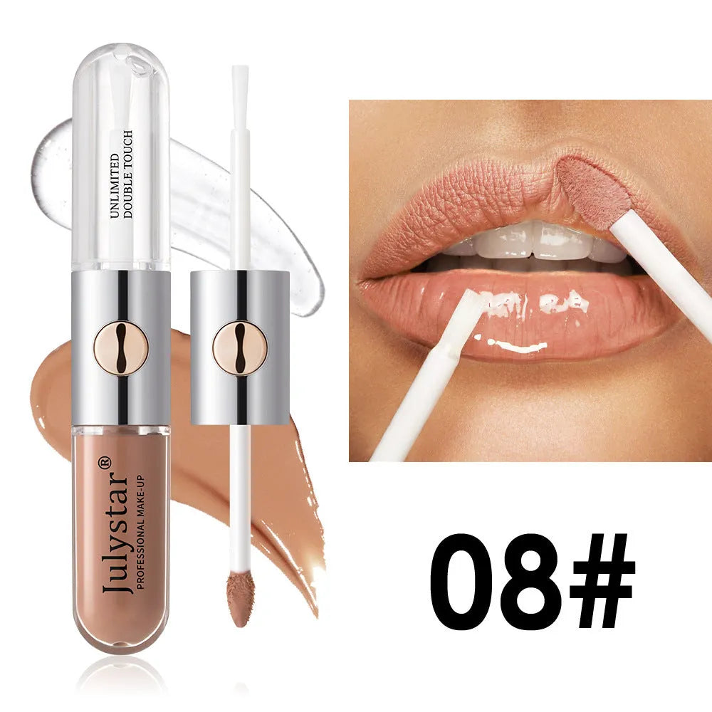 Women's lasting lip gloss tube showing available colours with 6ml moisturising formula
