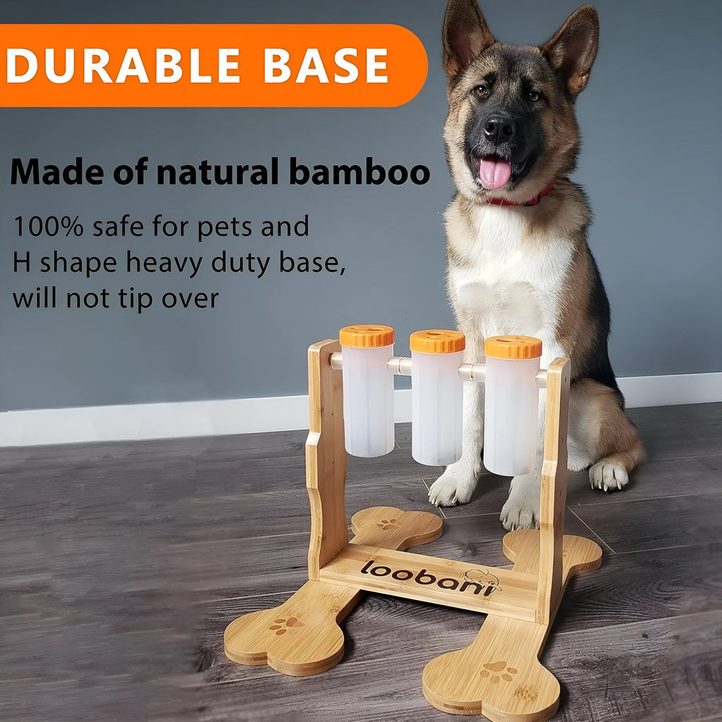Wooden dog puzzle toy measuring 31x30x20cm with interactive snack dispenser compartments