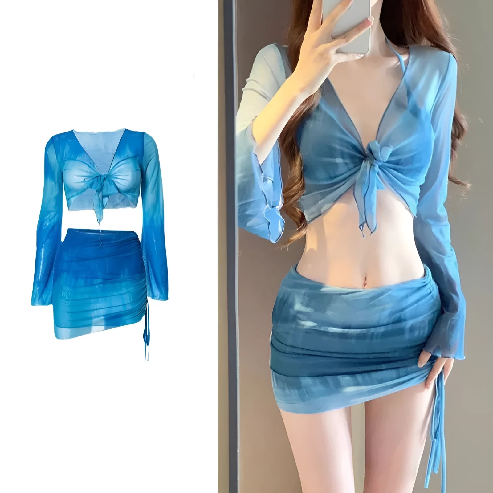 Blue four-piece women's bikini swimsuit set showing shirt, bra, high-waisted briefs, and skirt laid flat.