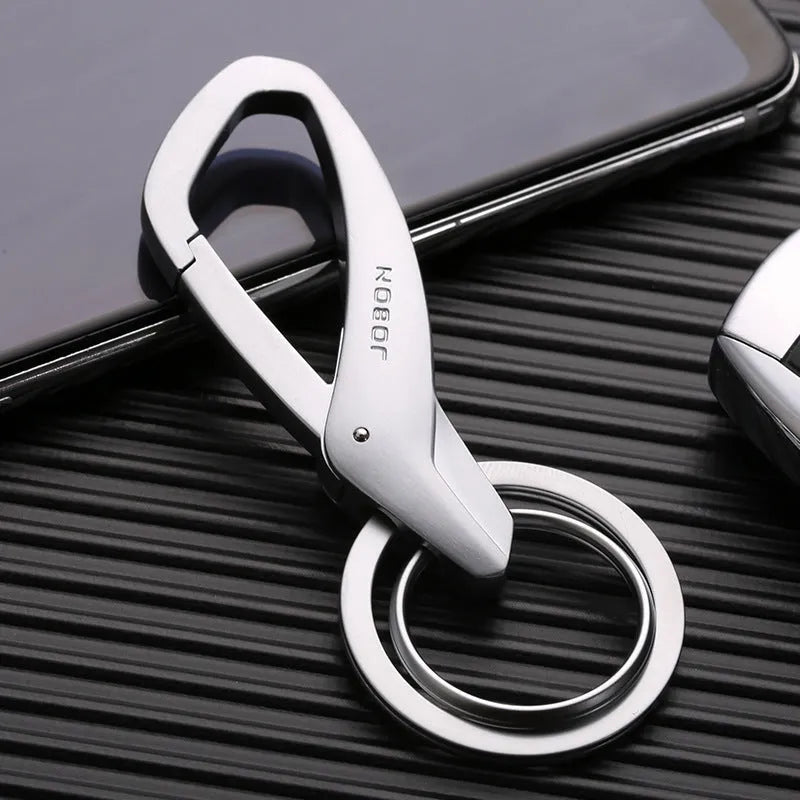 Zinc alloy car key waist hanging double ring in black chrome or nickel colour measuring 8.3 by 3.5 centimetres