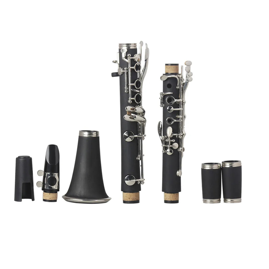 Black beginner clarinet with 17 Bakelite keys and protective carrying bag