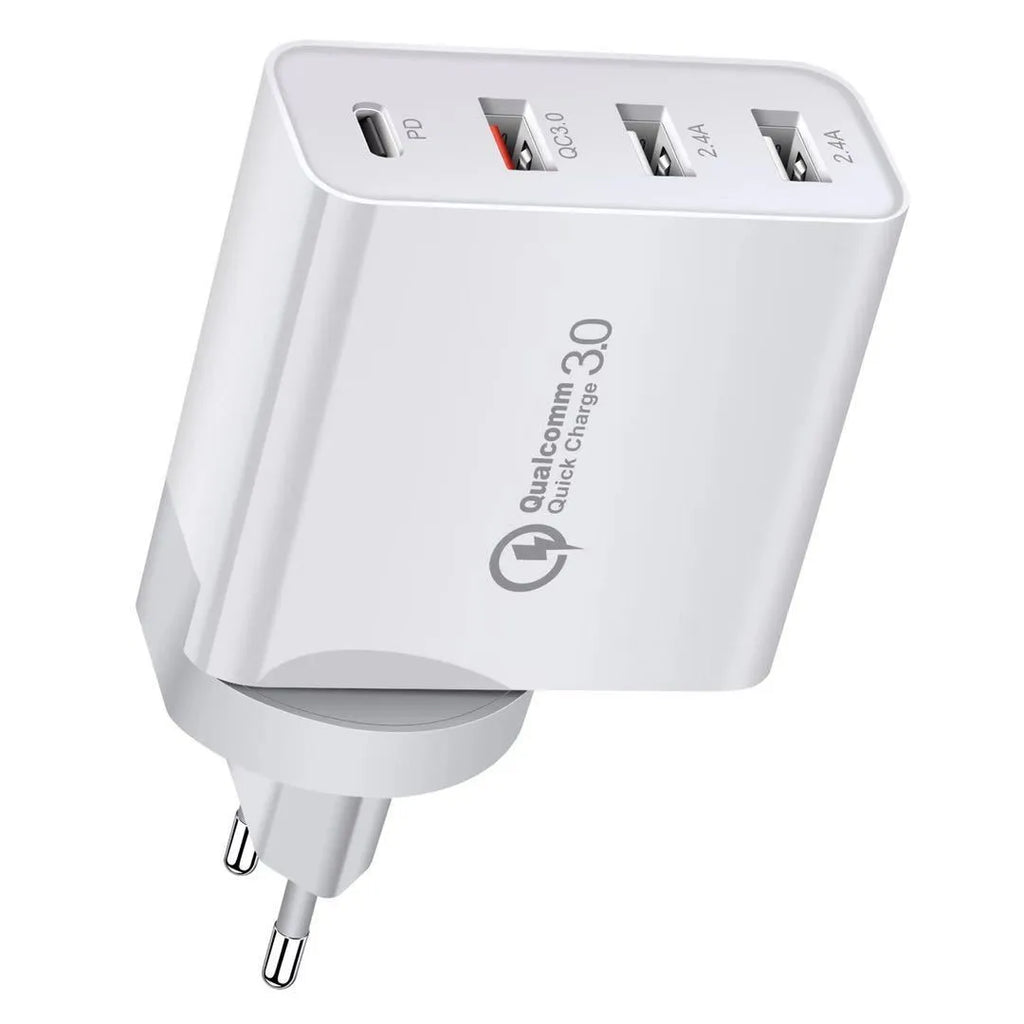 White multi-port fast charger with PD and QC support showing multiple USB ports.