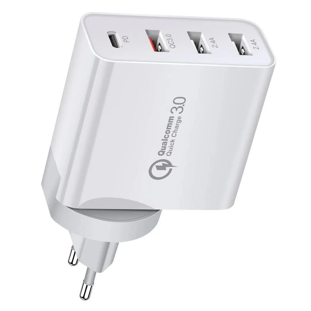 White multi-port fast charger with PD and QC support showing multiple USB ports.