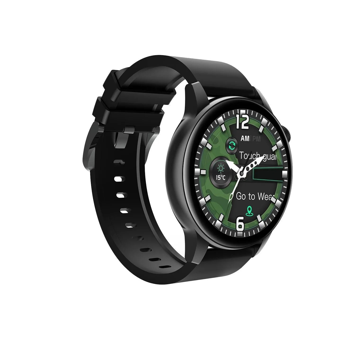 Black stainless steel smart watch showing a 1.30-inch HD colour touchscreen on a wrist.