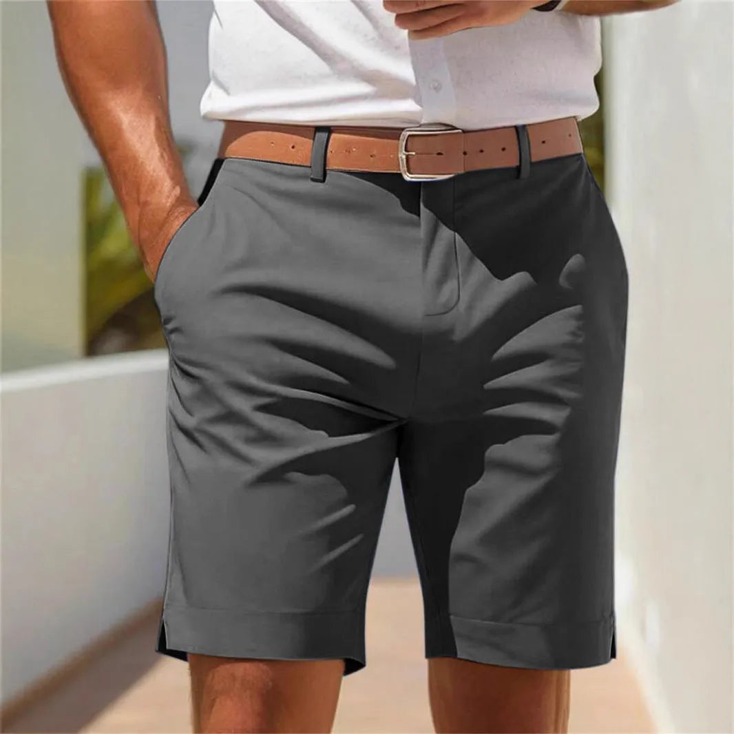 Men's light grey polyester business shorts with straight leg cut on size chart