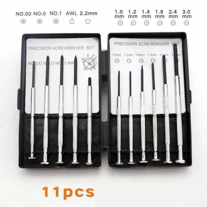 TH-6177 11-piece clock screwdriver set with cross and slotted tips on a workbench