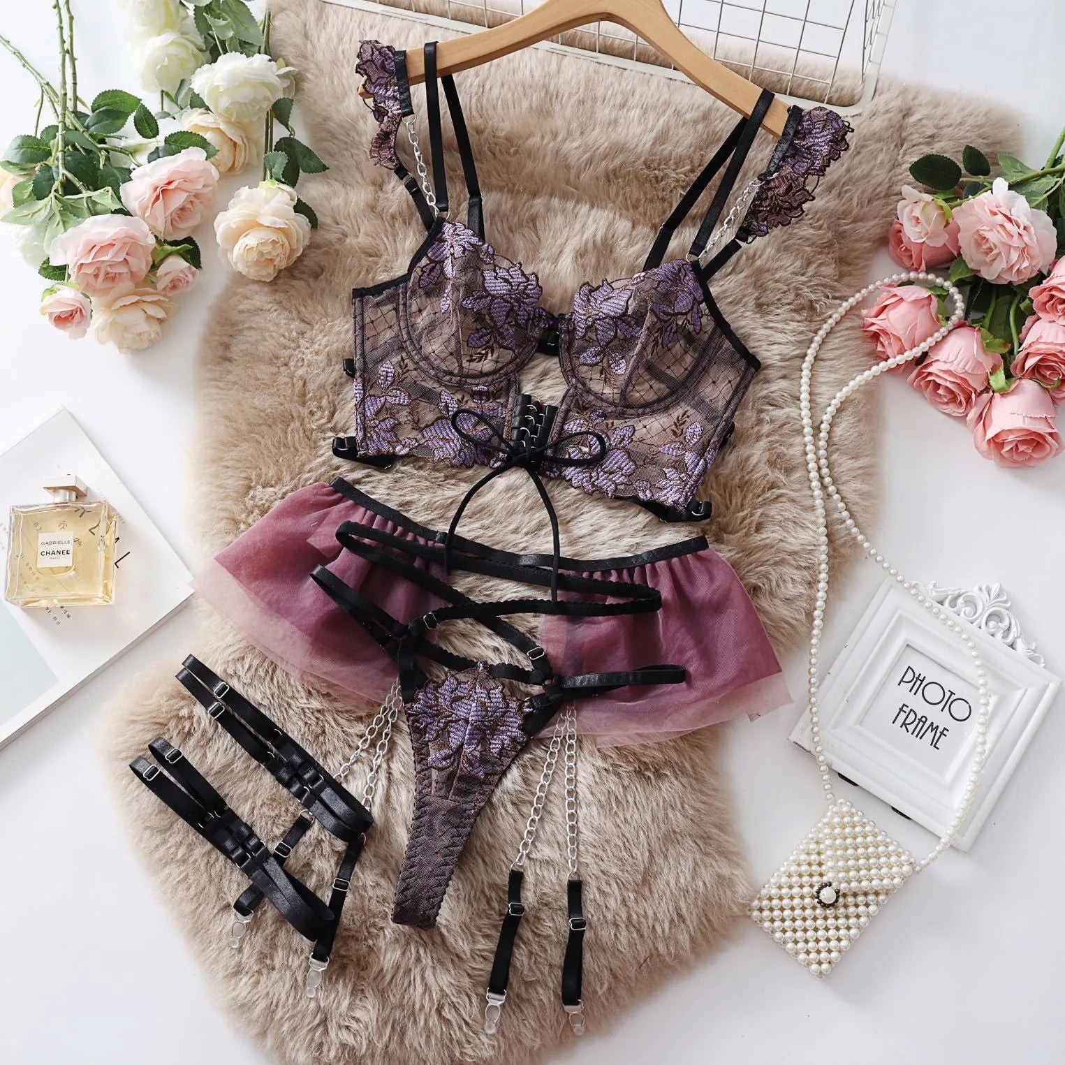 Light blue lace embroidered transparent push up bra set with mesh three-point style for women