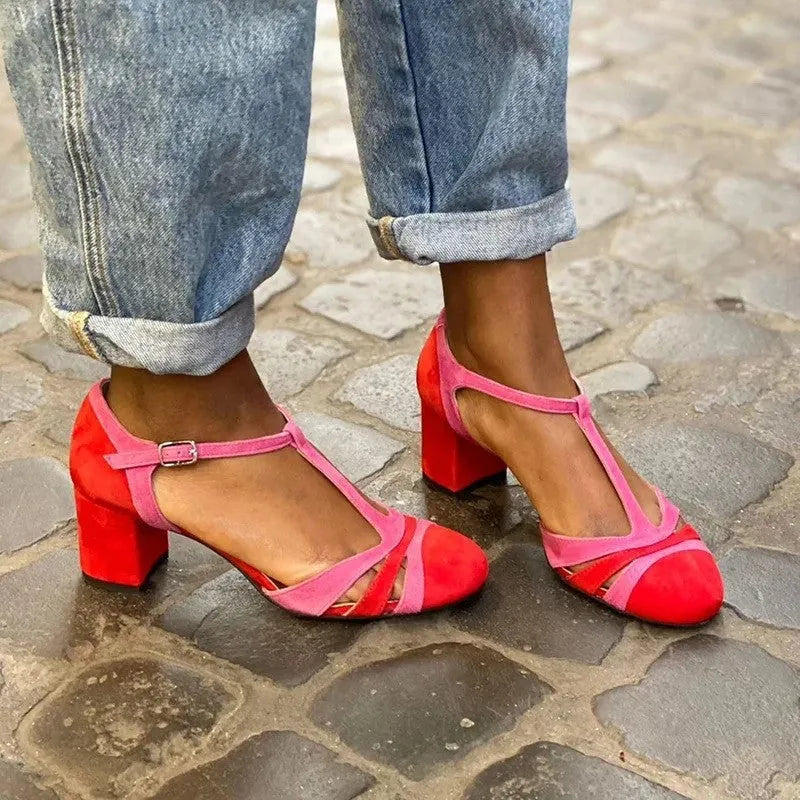 Women's suede high heel sandals in red with round toe and 6-8cm heel