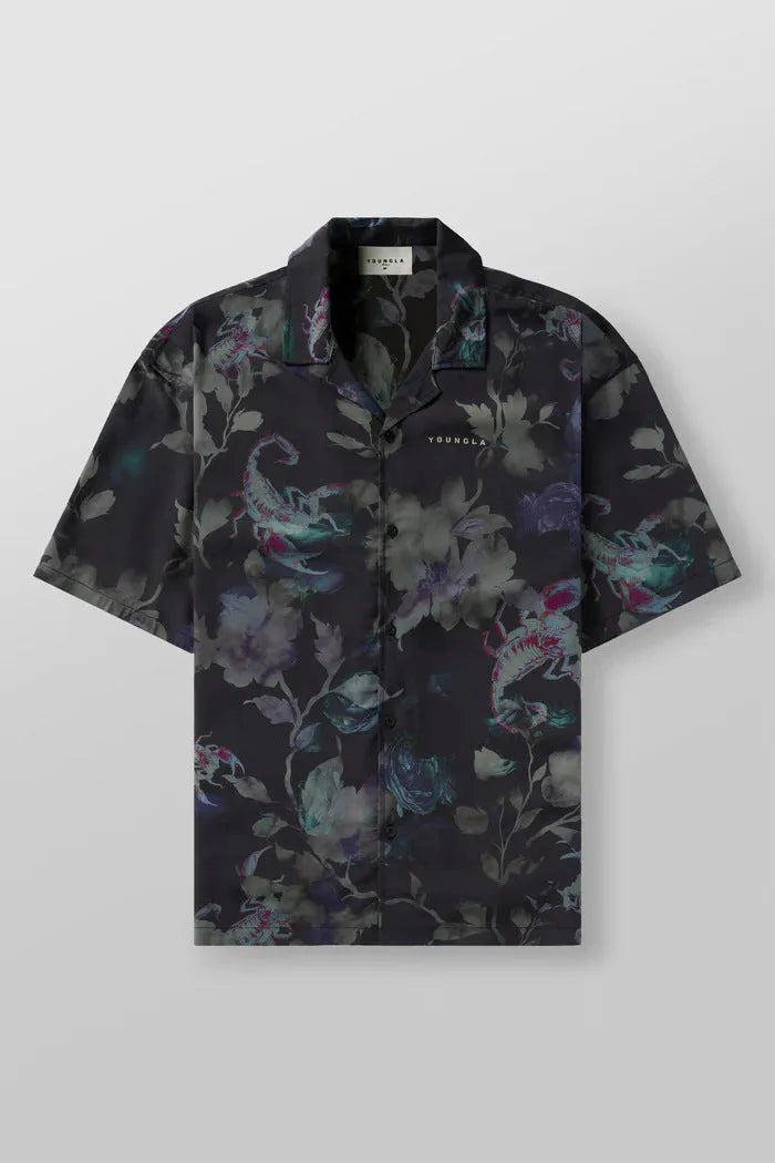 Men's printed casual top with flower pattern, loose cardigan style, and short sleeves in elastic polyester fabric