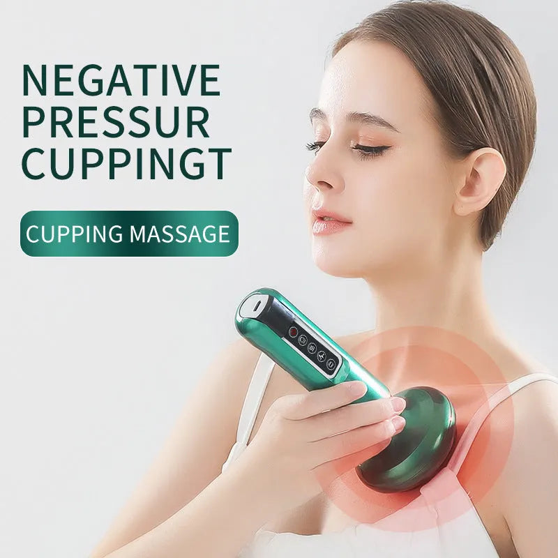 Green electric vacuum cupping massager with adjustable suction and heating controls
