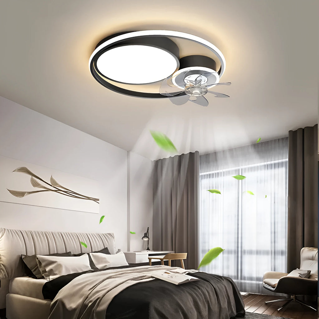 Nordic-style ceiling fan lamp with light, showing metal blades and acrylic shade in black finish.