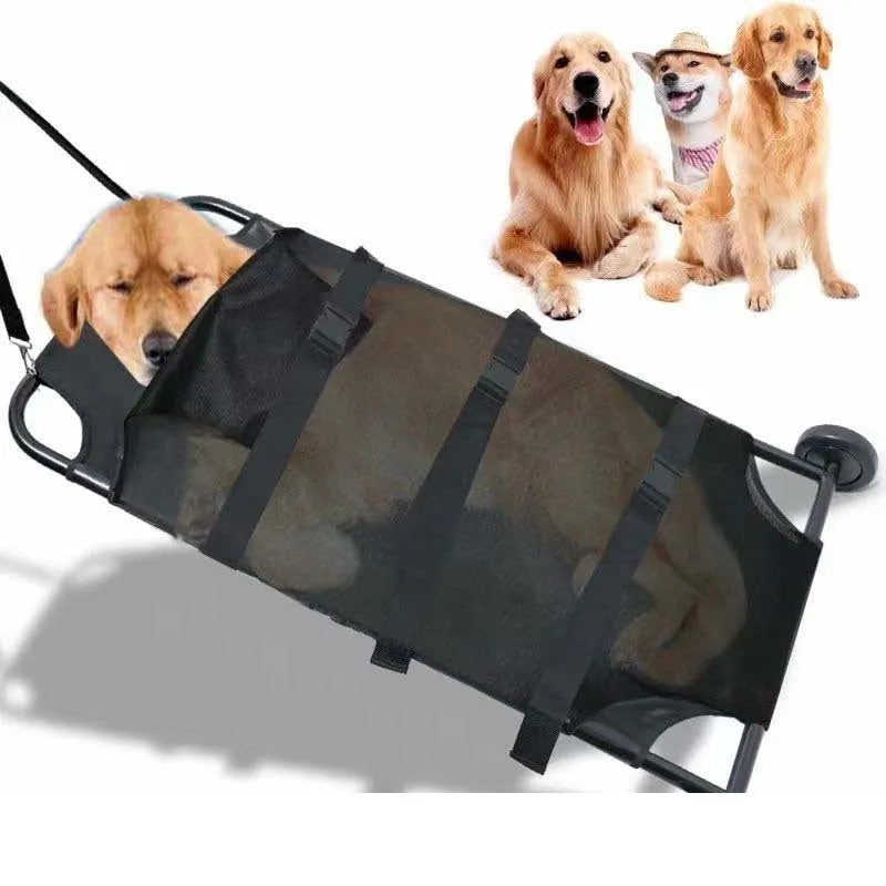 Large black folding pet stretcher with aluminium alloy frame for emergency dog transfer.