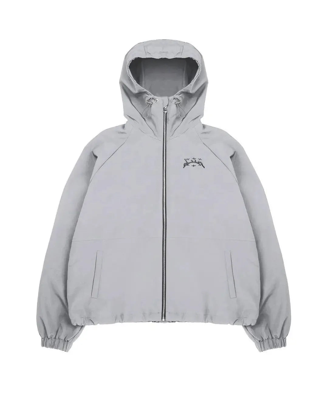 Grey loose-fit men's hooded sunscreen jacket in British style hanging on a hanger.