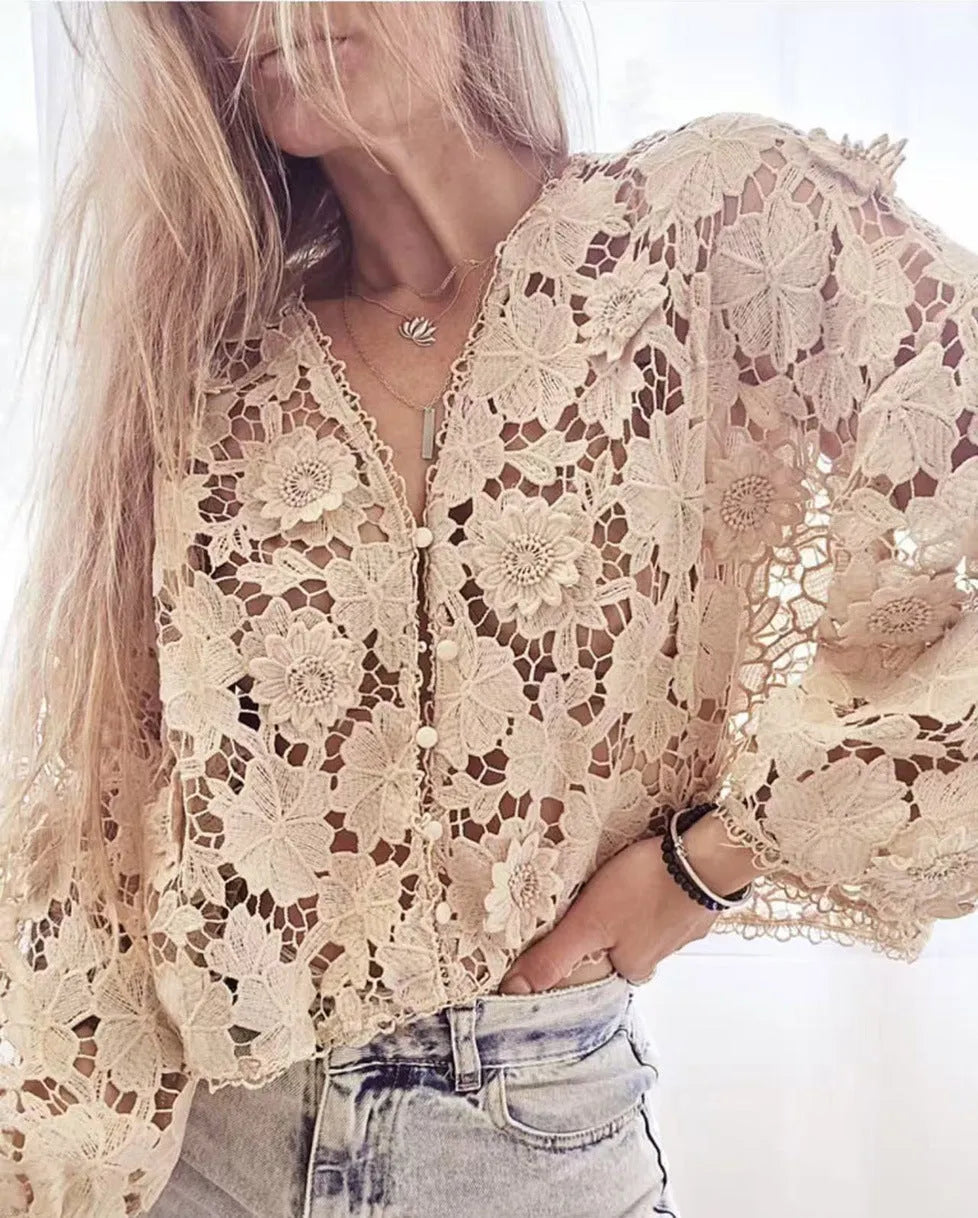 V-neck cardigan with lace flower decoration and hollow long sleeves in loose street fashion style