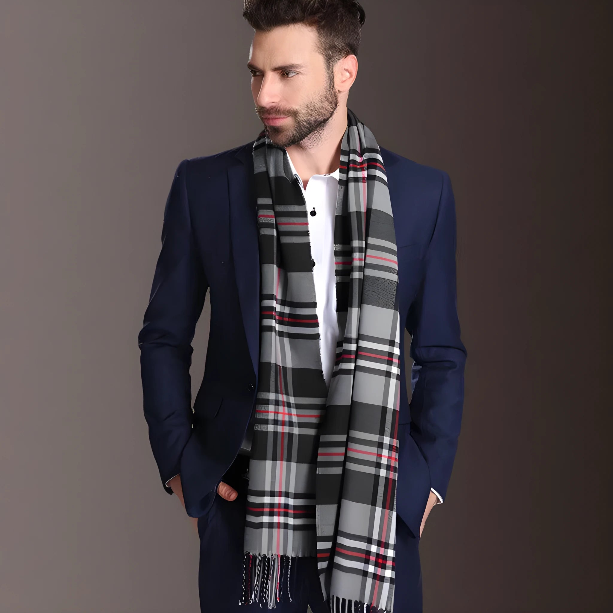 Men tartan polypropylene shawl scarf with plaid pattern, 180cm length, 70cm width