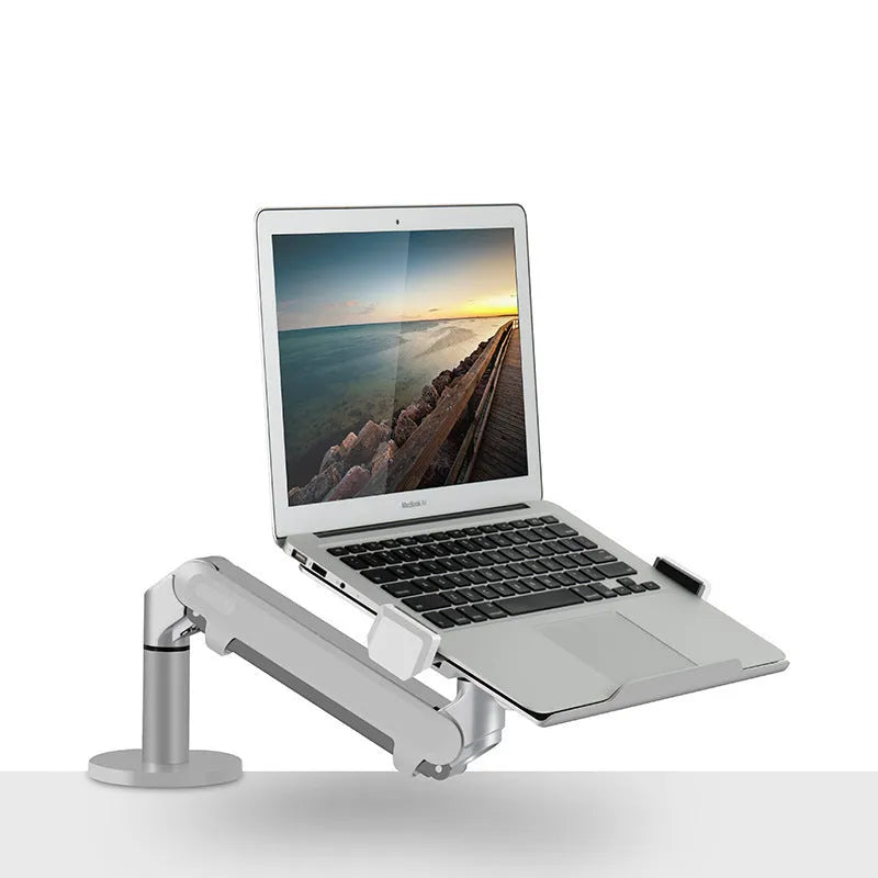Silver aluminium alloy laptop arm bracket stand with hover design for adjustable height
