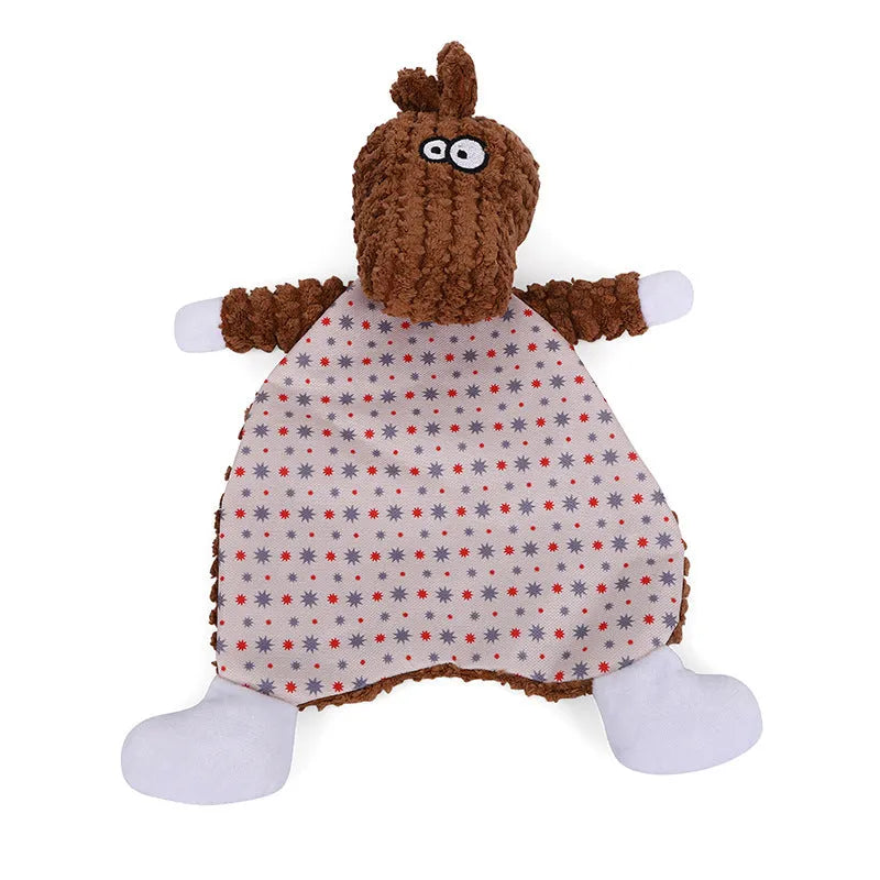 Brown plush velvet fox dog toy with sound paper core, shown next to grey elephant and orange cat versions.