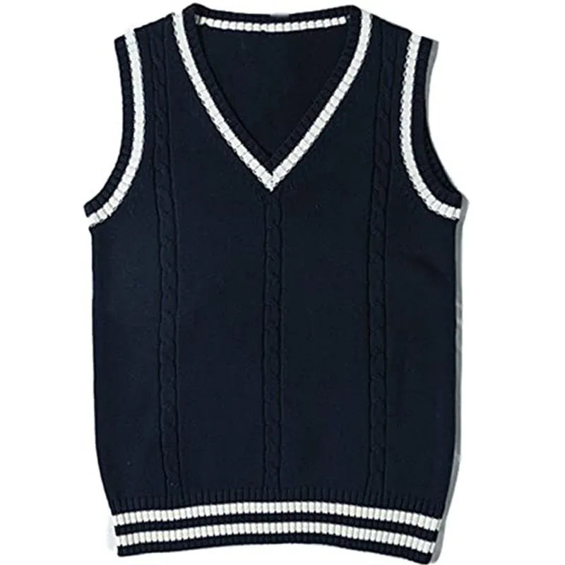 Women's slim fit V-neck knitted waistcoat sweater with striped stitching in acrylic fabric.