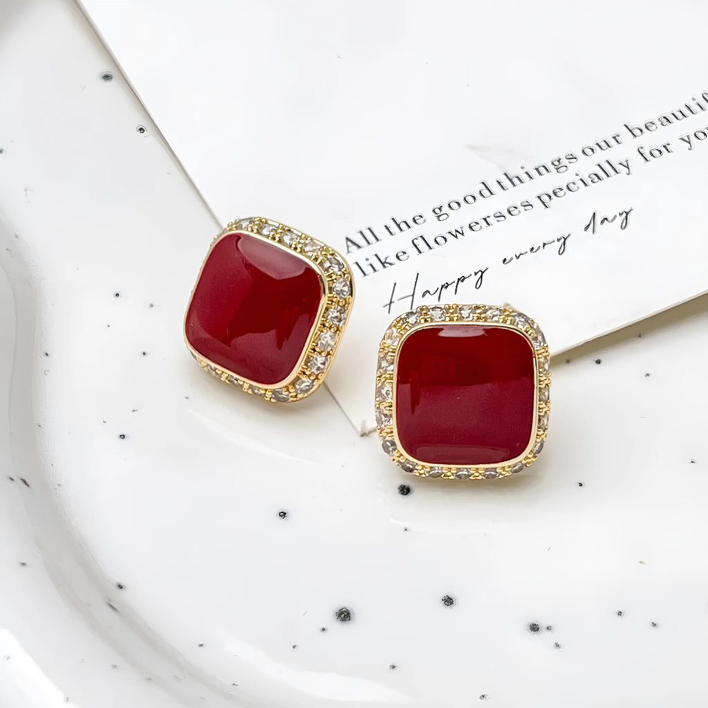 Red alloy square earrings with geometric inlaid design for women