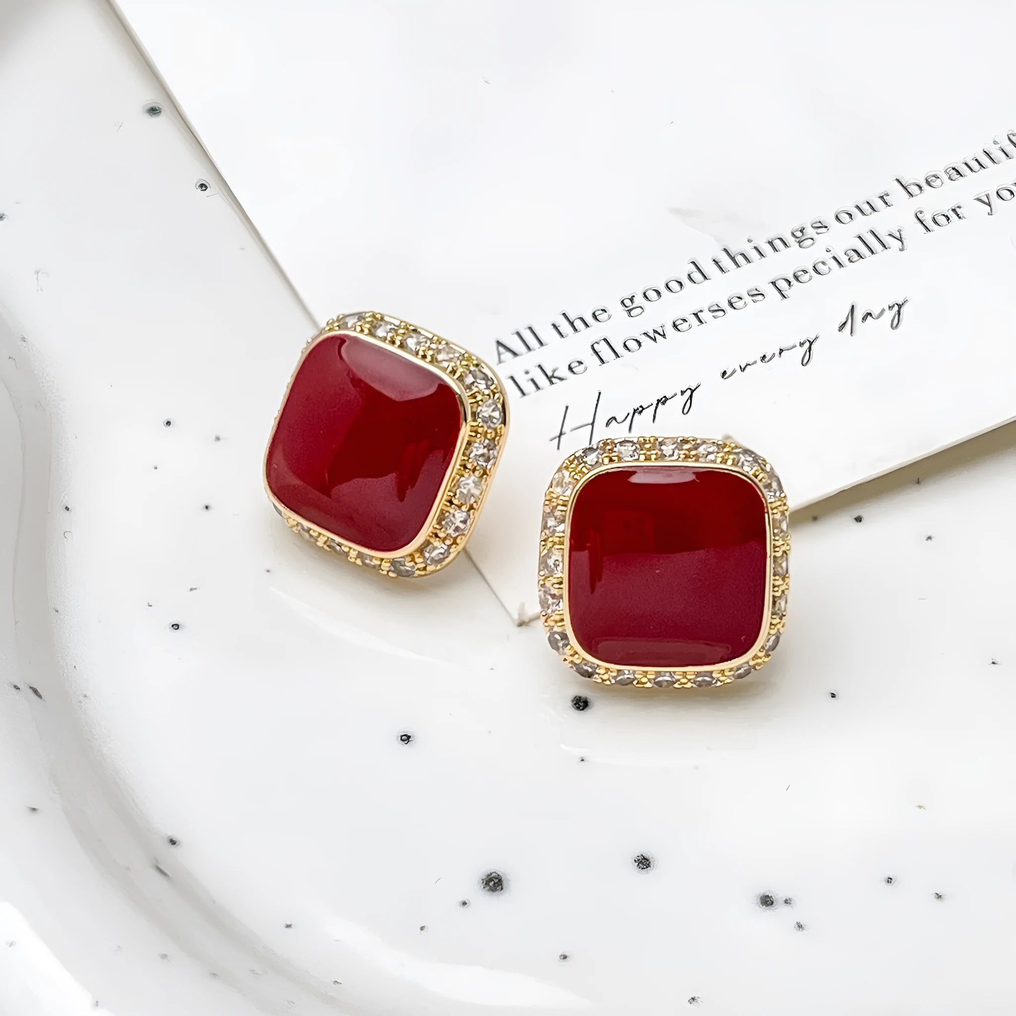 Red alloy square earrings with geometric inlaid design for women