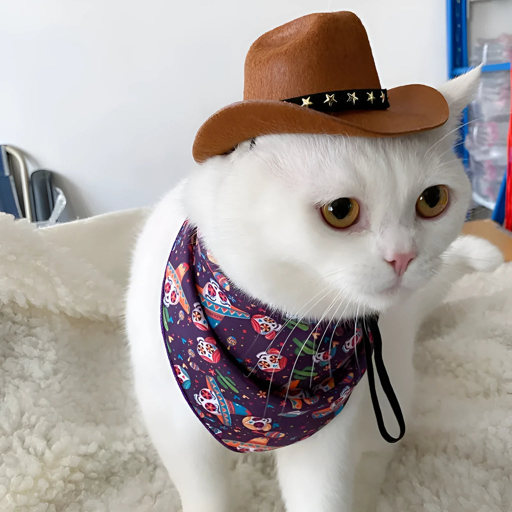 British cowboy-style hat for a cat on a mannequin head, showing brown colour with a black ribbon trim.