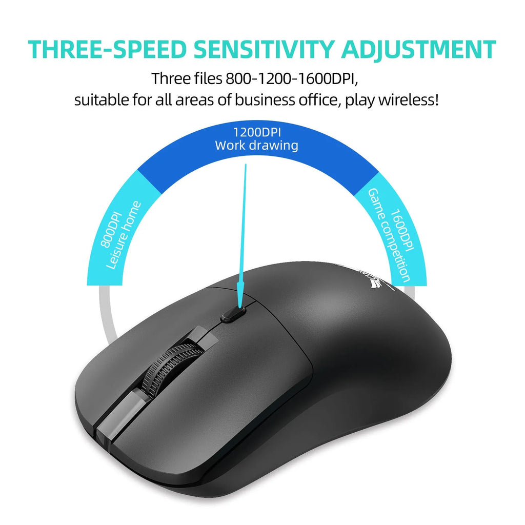 Black wireless computer mouse with three-gear audio control buttons on side