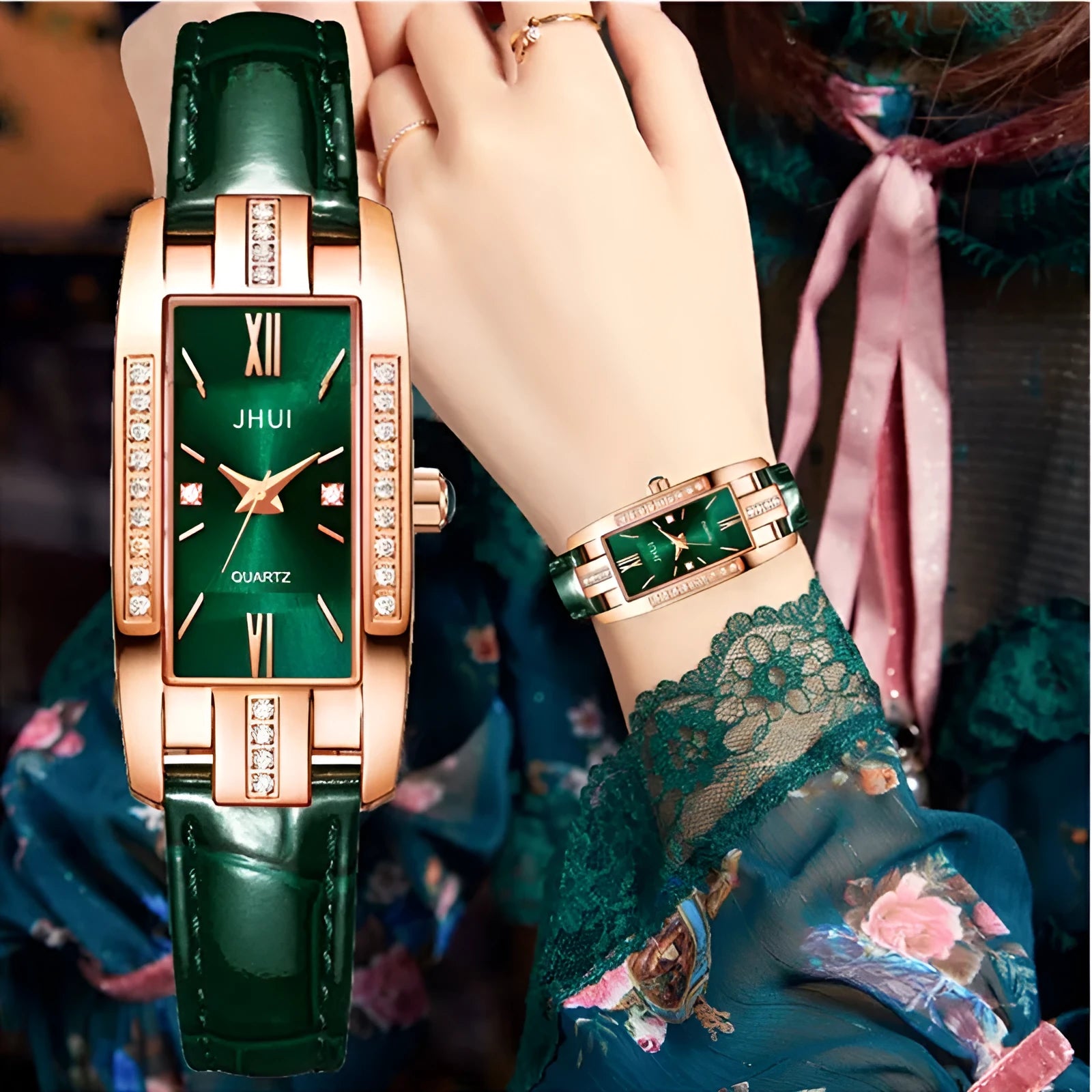 Women's rectangular quartz watch with small diamond on red PU strap, alloy case