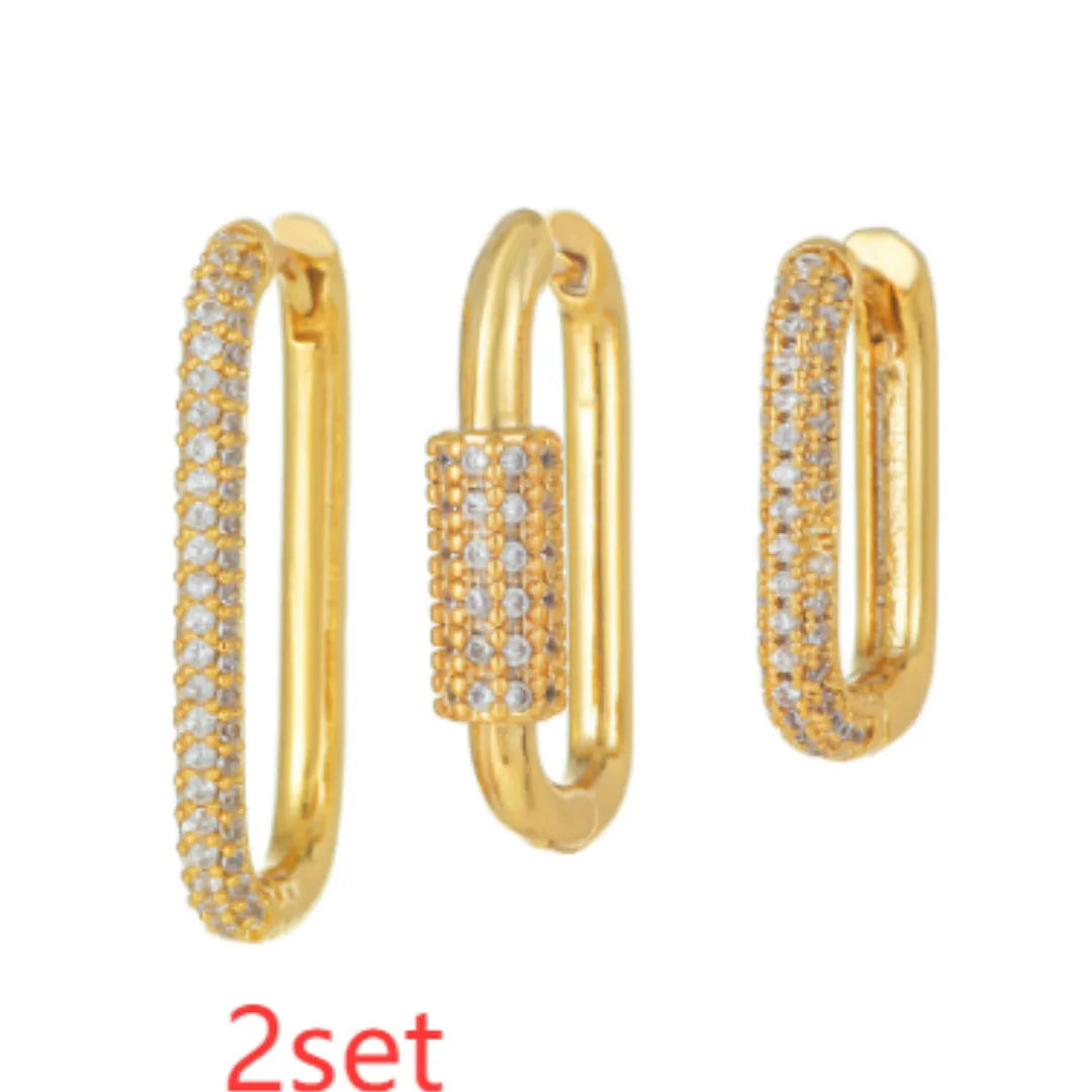 Three geometric square ear clips with micro inlaid zircon detailing in gold and white gold colours