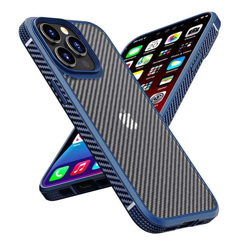 Black carbon fibre pattern protective phone case for Apple iPhone 13 models on a table.