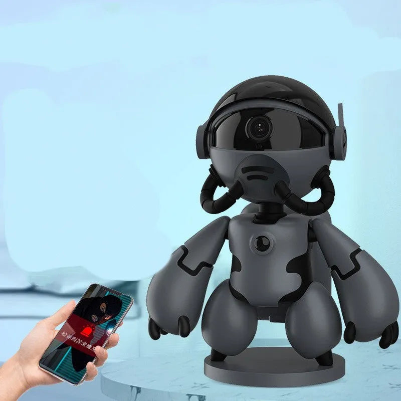 White indoor battery-powered security camera with wide-angle lens on a detachable base