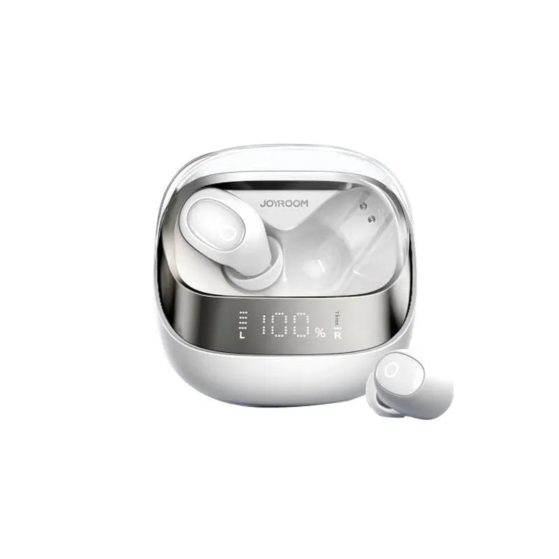 Wireless Bluetooth in-ear earbuds with a compact white charging case on a table.