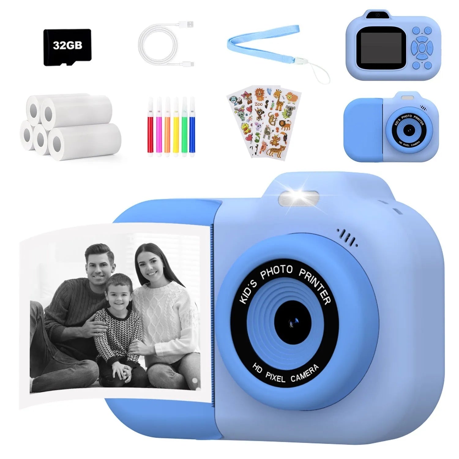 Children's plastic camera toy in blue pink or purple with video recording photography games sticker functions