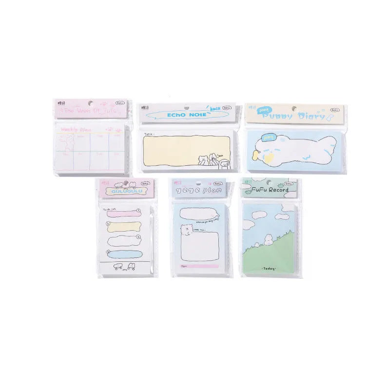 Cartoon hand account sticky notes in six designs showing multiple size options