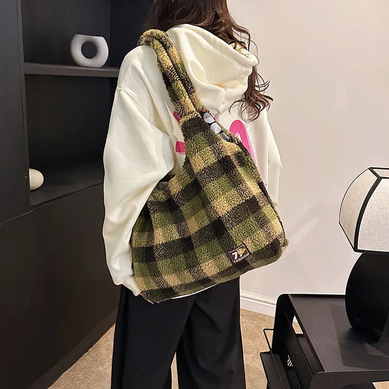 Women's plaid plush crossbody tote bag in Army Green, showing horizontal square shape and shoulder strap.
