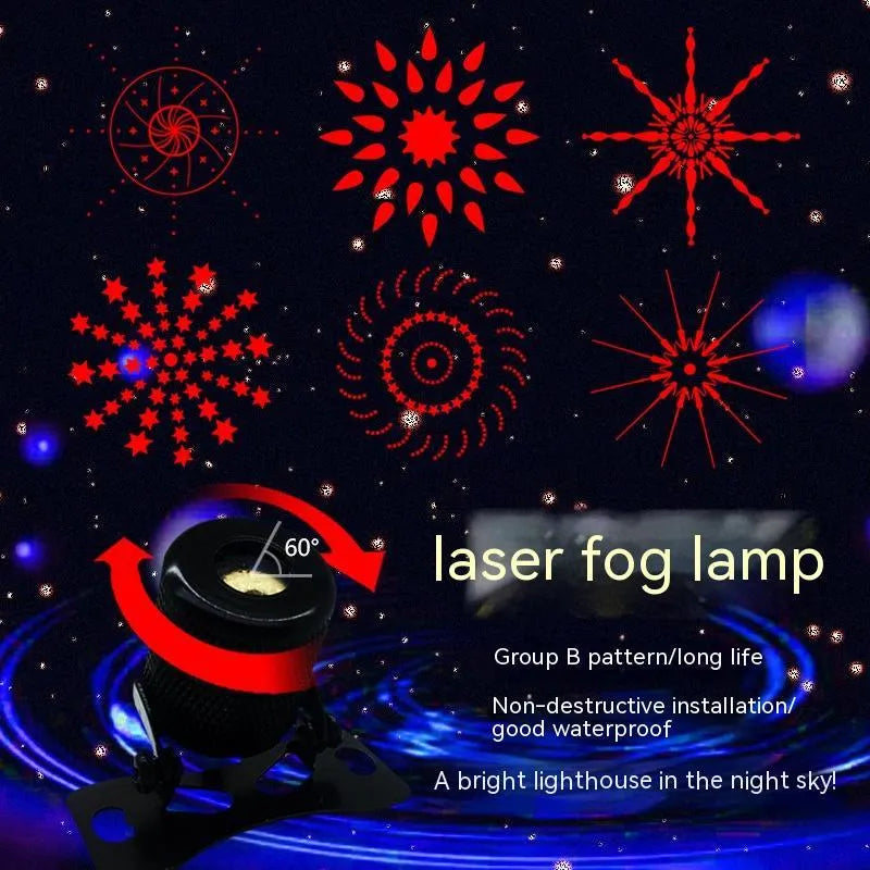 Universal vehicle laser fog lamp in aluminium housing with red laser, shown with screws and mounting tape.