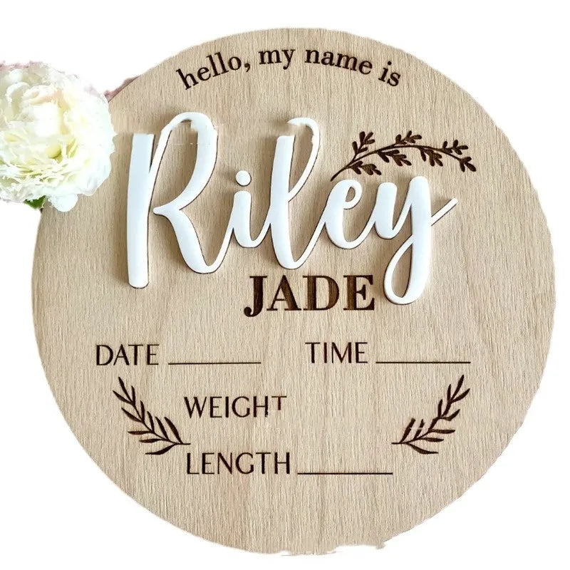 Square wooden plaque for baby's name and birth details on plywood