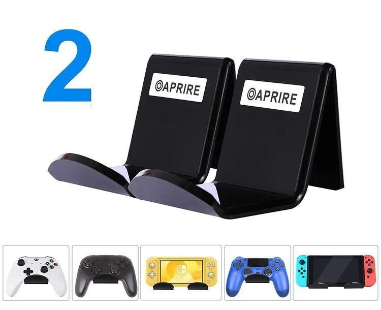 A universal plastic wall mount bracket for game controllers, shown in black, white, and transparent colour options.