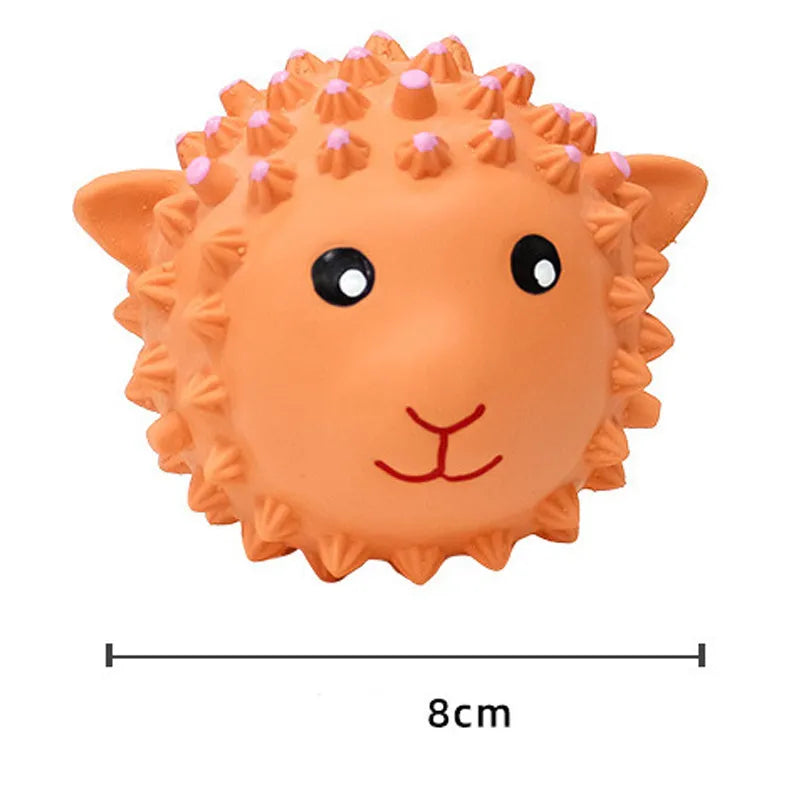 Orange and yellow spiky animal-shaped squeaky dog toys made from natural latex rubber