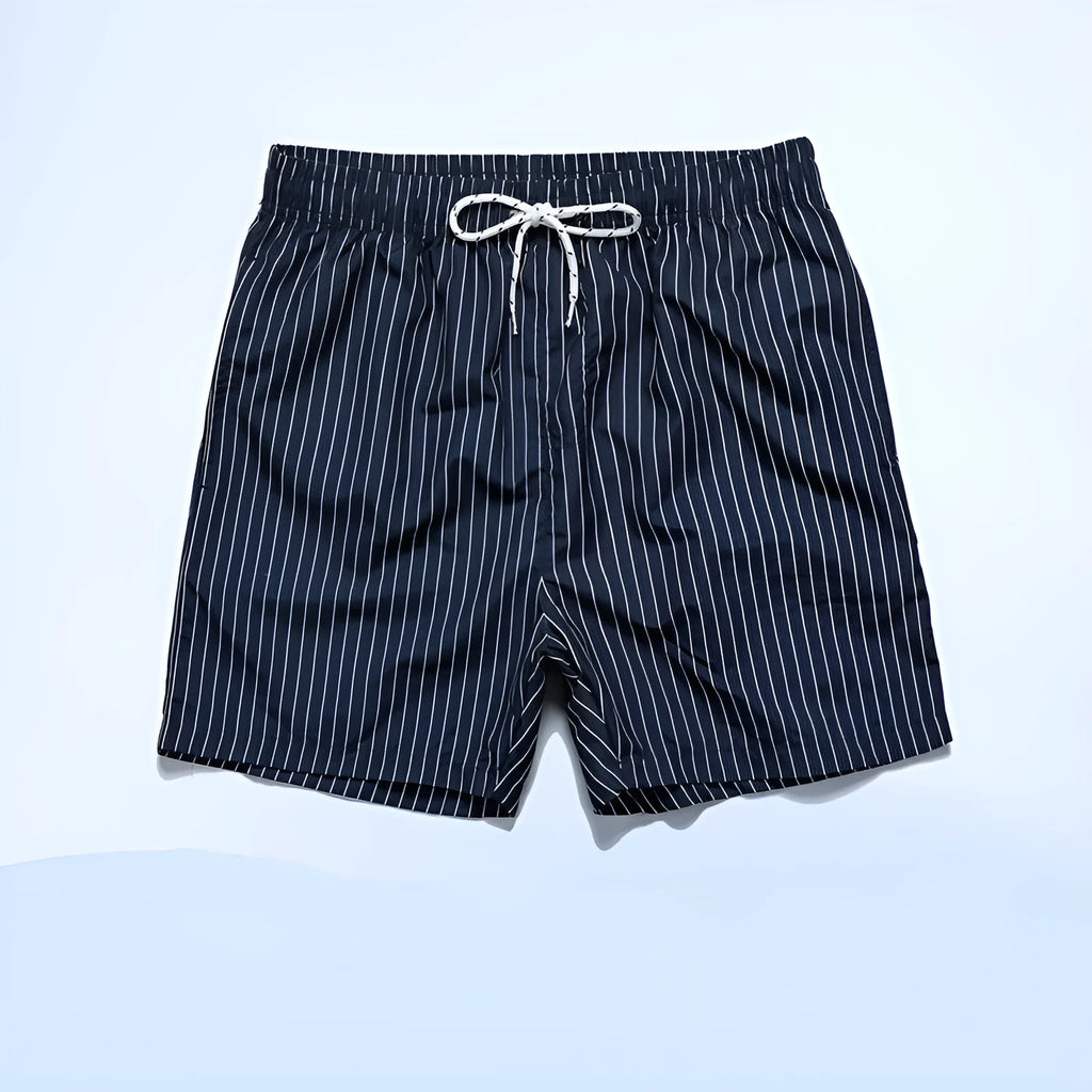 Striped men's beach shorts in navy blue with straight leg opening and polyester fabric